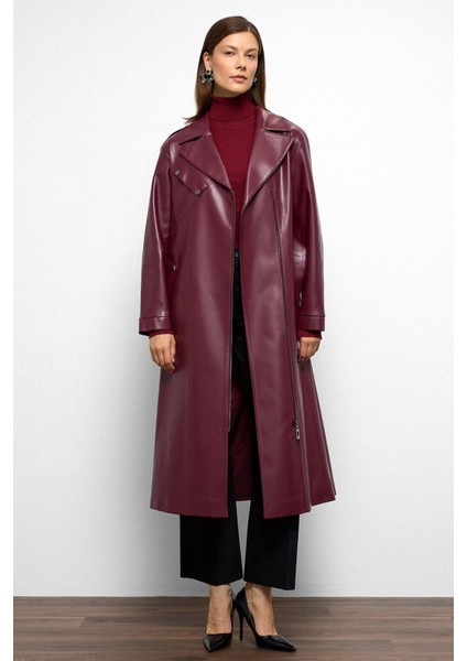 Düşük Kol Fermuar Kapamalı Oversize Deri Trençkot Bordo 6759 fırsatları