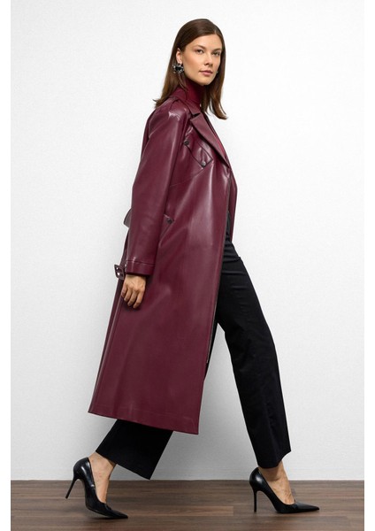 Düşük Kol Fermuar Kapamalı Oversize Deri Trençkot Bordo 6759 indirimleri