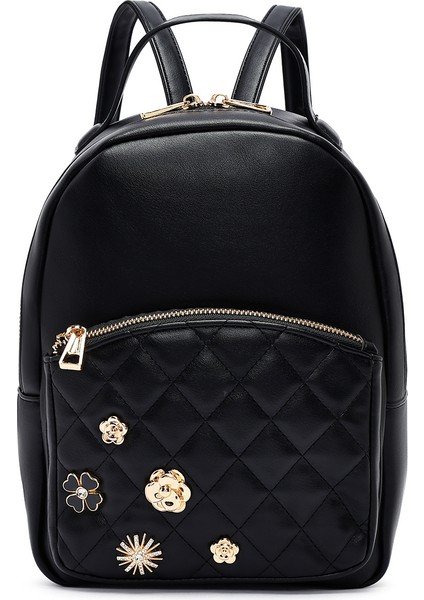 Kadın Siyah Aksesuarlı Kapitone Sırt Çantası 25ABD2614KP