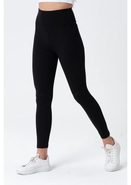 Kadın Siyah Tayt Fitilli Yüksek Bel Fitilli Tayt