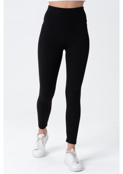 Kadın Siyah Tayt Fitilli Yüksek Bel Fitilli Tayt
