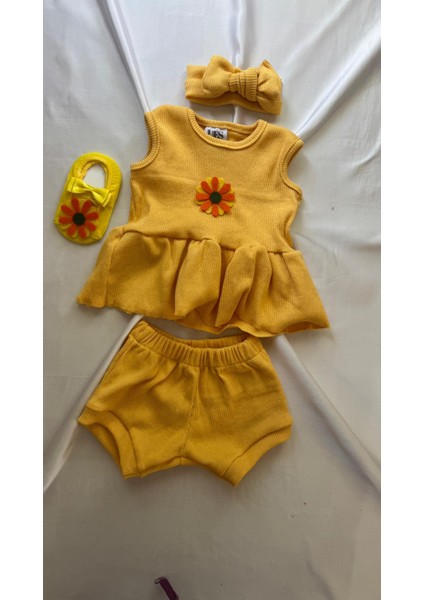 Sarı Ribana Kız Bebek-Çocuk Şort Bluz Bandana Babet Çorap Set 6-36 Ay
