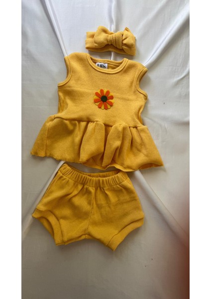 Sarı Ribana Kız Bebek-Çocuk Şort Bluz Bandana Babet Çorap Set 6-36 Ay fiyatları