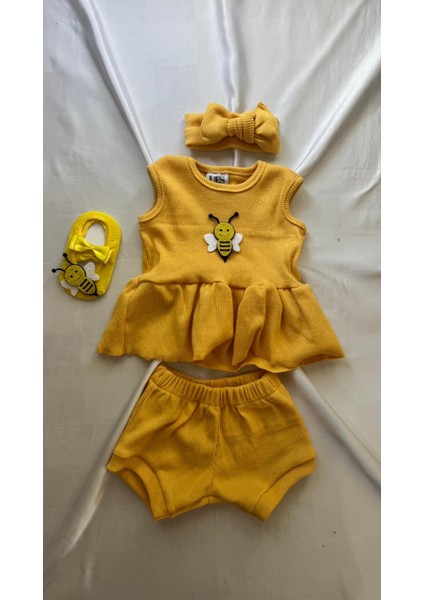Sarı Ribana Kız Bebek-Çocuk Şort Bluz Bandana Babet Çorap Set 6-36 Ay