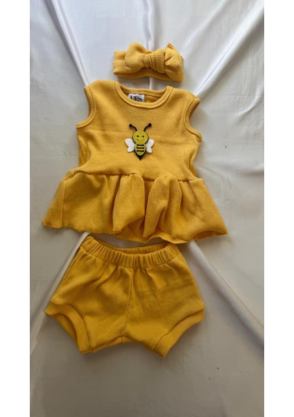 Sarı Ribana Kız Bebek-Çocuk Şort Bluz Bandana Babet Çorap Set 6-36 Ay fiyatları