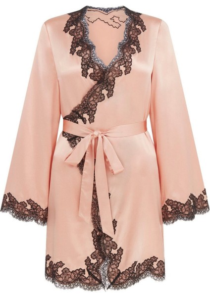 Amelea Pudra Pembe Saten Kruvaze Pijama Üstü Siyah Dantel Detaylı Uzun Kollu Lüks Kadın Şıklığı