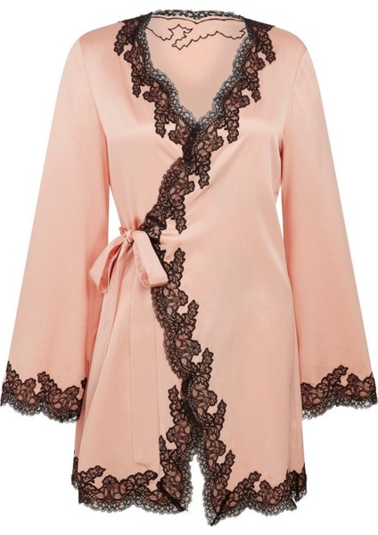 Amelea Pudra Pembe Saten Kruvaze Pijama Üstü Siyah Dantel Detaylı Uzun Kollu Lüks Kadın Şıklığı fiyatları