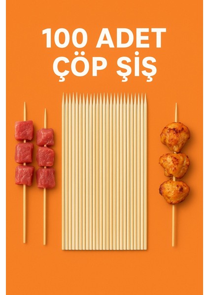 Bambu Çöp Şiş & Yanmaz Bambu Şiş & Tek Kullanımlık Mangal ve Barbekü Şişi & 100 Adet & 25 cm & Aırfryer Çöp Şiş