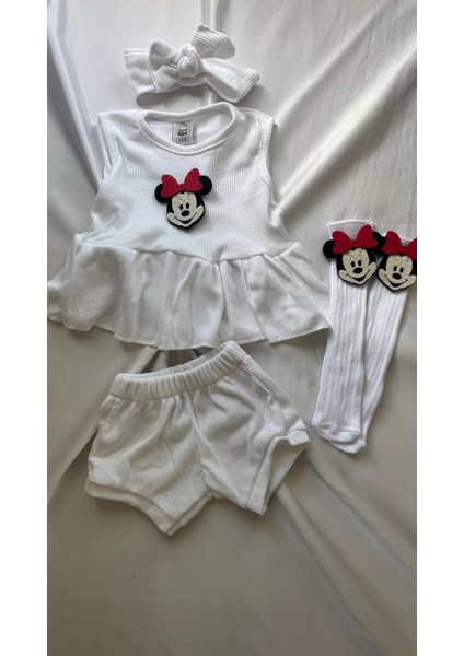 Beyaz Ribana Kız Bebek-Çocuk Şort Bluz Bandana Miki Keçeli Beyaz Çorap Set