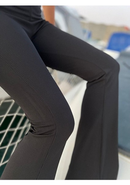 Kadın Siyah Ispanyol Paça Fitilli Yüksek Bel Tayt fiyatları