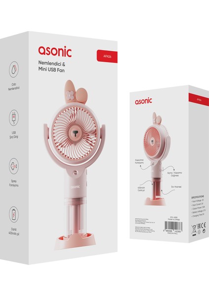 AFN26 Pembe 500MAH 2 Kademe Nemlendirici Sprey USB Fan