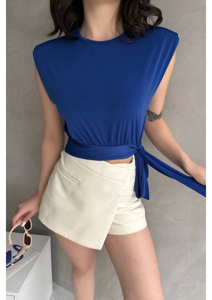 Omuzu Vatkalı Beli Kuşaklı Bluz