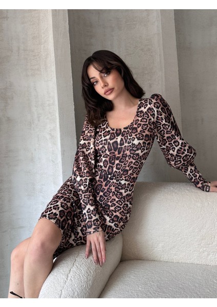 Leopar Desenli Midi Boy Elbise