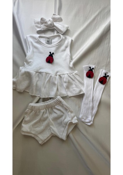 Beyaz Ribana Bebek-Çocuk Şort Bluz Bandana Uğurböceği Keçeli Beyaz Çorap Set