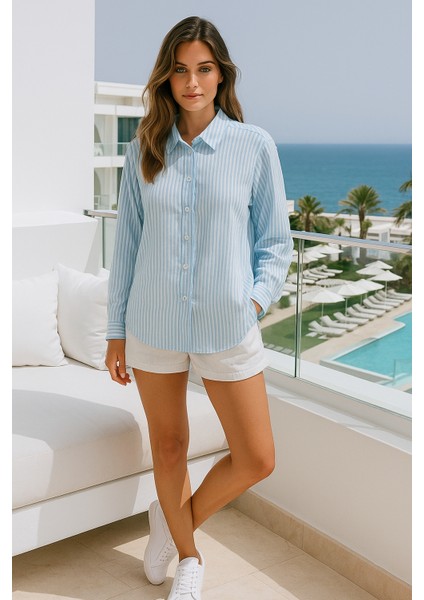Kadın Çizgili Oversize Gömlek –açık Mavi Beyaz Pamuk Gömlek