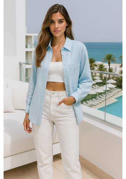 Kadın Çizgili Oversize Gömlek –açık Mavi Beyaz Pamuk Gömlek fırsatları