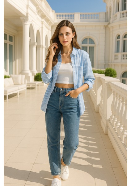 Kadın Çizgili Oversize Gömlek –açık Mavi Beyaz Pamuk Gömlek indirimleri