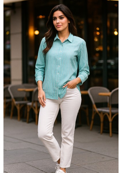 Kadın Çizgili Oversize Gömlek – Mint Yeşili Beyaz Pamuk Gömlek