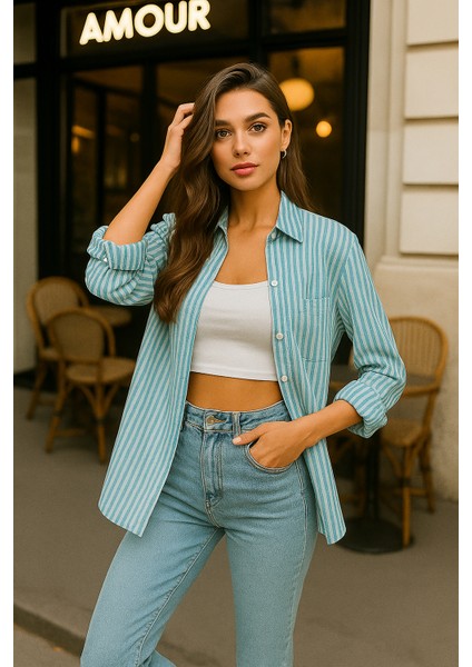 Kadın Çizgili Oversize Gömlek – Mint Yeşili Beyaz Pamuk Gömlek modelleri