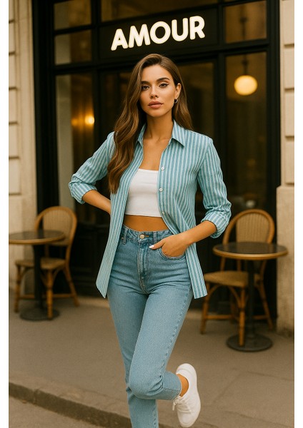 Kadın Çizgili Oversize Gömlek – Mint Yeşili Beyaz Pamuk Gömlek fırsatları