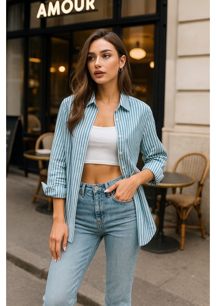 Kadın Çizgili Oversize Gömlek – Mint Yeşili Beyaz Pamuk Gömlek indirimleri