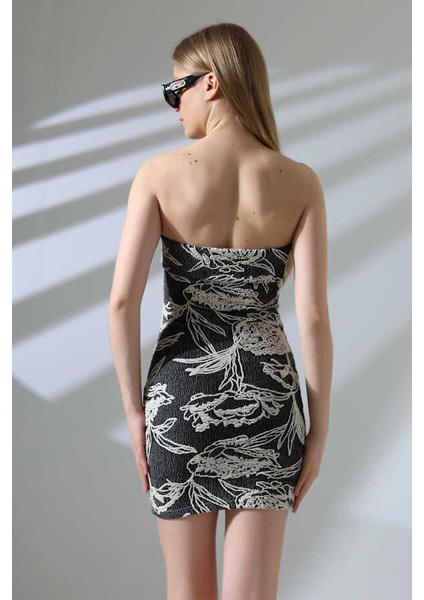 Kadın Siyah Krem Straplez Kabartmalı Kısa Elbise MSC402 fiyatları