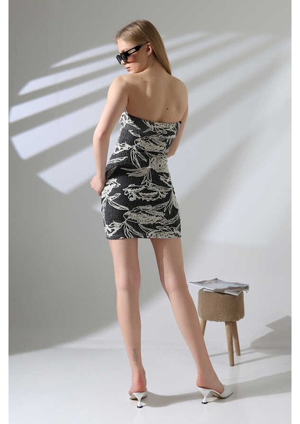 Kadın Siyah Krem Straplez Kabartmalı Kısa Elbise MSC402 indirimleri