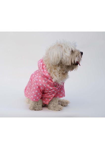 Kedi ve Köpek Kıyafeti & Elbisesi & Yağmurluğu - Pembe Kalp Baskılı Fileli Yağmurluk