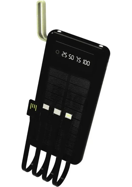 Solar 10.000 Mah Güneş Enerjili LED Işıklı Powerbank Şarj Aleti 2x USB Çıkışlı Çoklu Kablolu