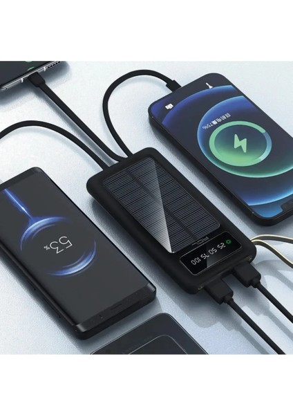 Solar 10.000 Mah Güneş Enerjili LED Işıklı Powerbank Şarj Aleti 2x USB Çıkışlı Çoklu Kablolu modelleri