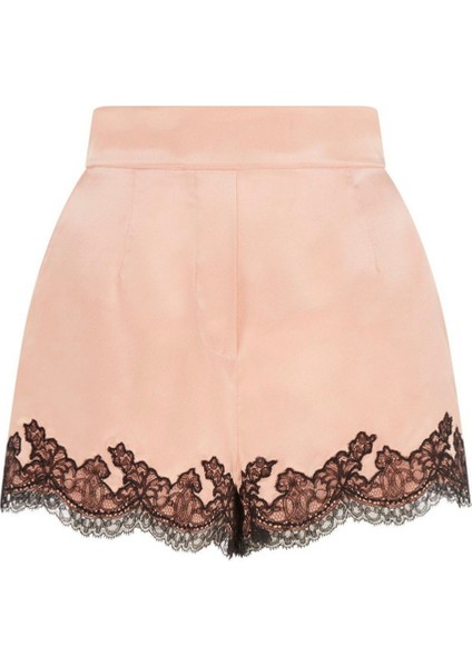 Amelea Pudra Pembe Saten Şort Siyah Leavers Dantel Detaylı Rahat ve Şık