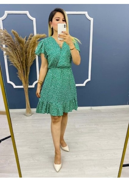 Kadın Çıtır Desen Kruvaze Yaka Eteği Fırfırlı Beli Lastikli %100 Pamuk Kısa Viskon Elbise