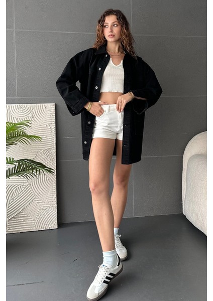 Düğmeli Çift Cep Oversize Denim Gömlek Ceket
