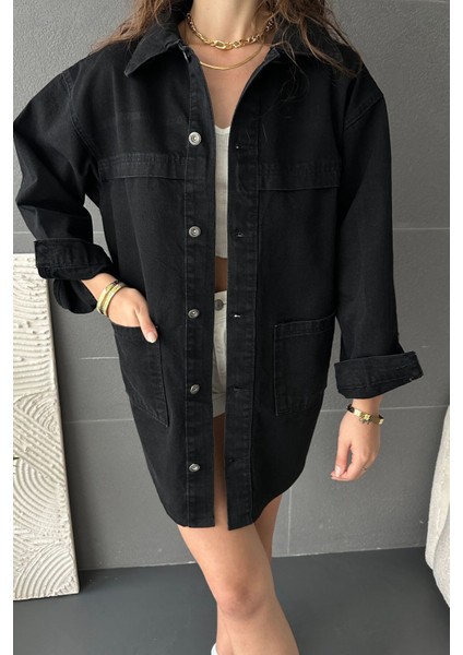 Düğmeli Çift Cep Oversize Denim Gömlek Ceket modelleri