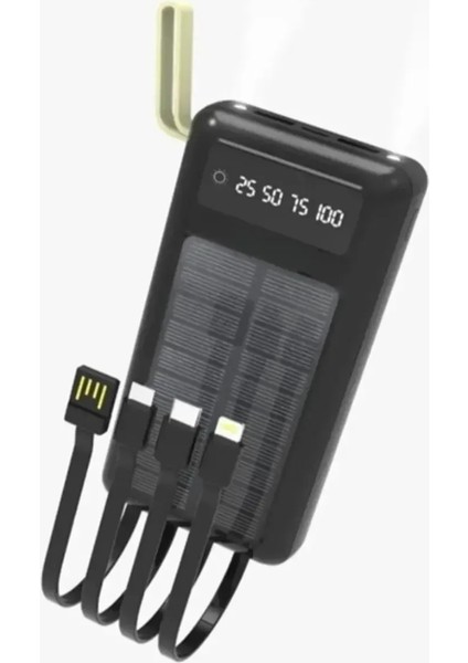 Solar 20.000 Mah Güneş Enerjili LED Işıklı Powerbank Şarj Aleti 2x USB Çıkışlı Çoklu Kablolu