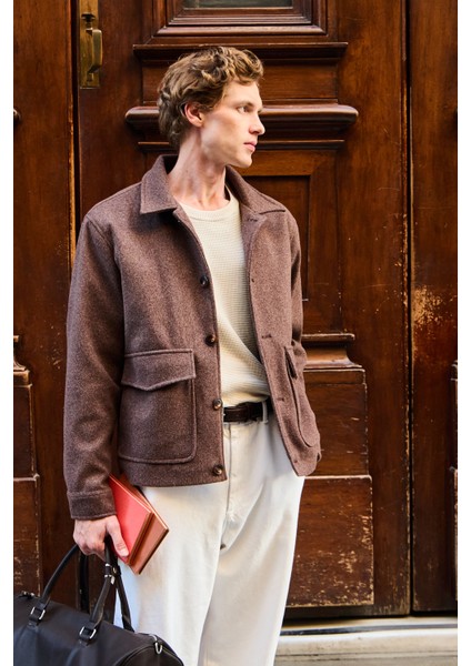 Erkek Gömlek Yaka Düğmeli Kaşe Mont Ceket Kahverengi fırsatları