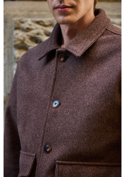 Erkek Gömlek Yaka Düğmeli Kaşe Mont Ceket Kahverengi indirimleri