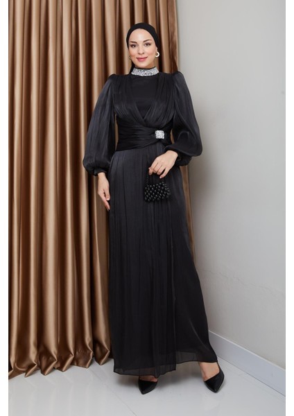Fiyonk ve Yakası Taş Bezeli Yoryo Ipek Tesettür Abiye Elbise Siyah 1236 fiyatları