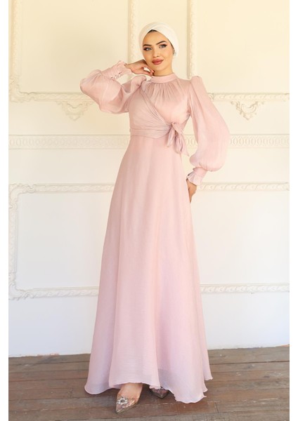 Yandan Bağlamalı Manşet Detaylı Yoryo Ipek Tesettür Abiye Pudra 1241