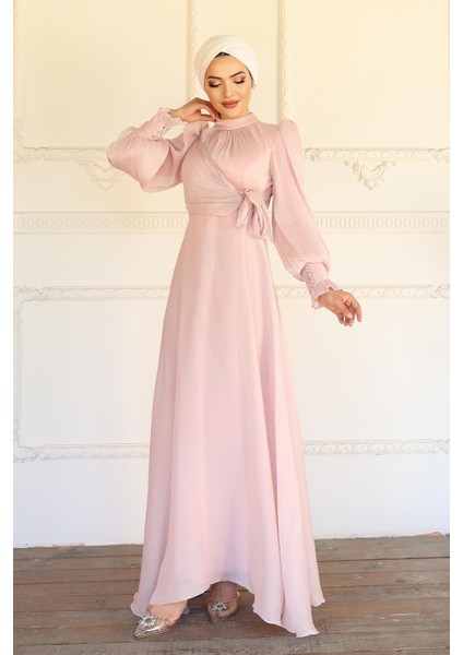 Yandan Bağlamalı Manşet Detaylı Yoryo Ipek Tesettür Abiye Pudra 1241 fiyatları