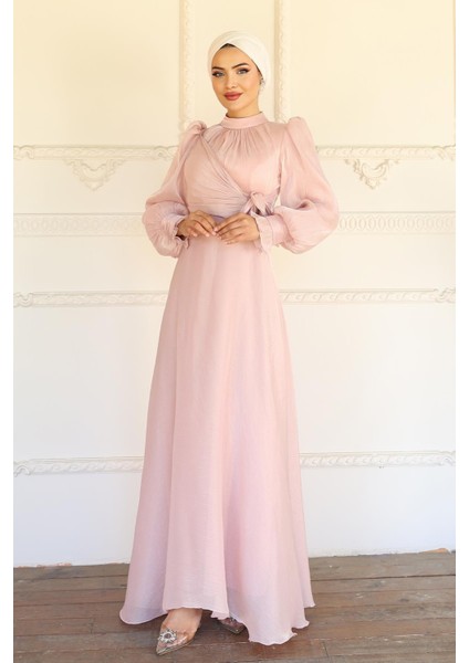 Yandan Bağlamalı Manşet Detaylı Yoryo Ipek Tesettür Abiye Pudra 1241 fırsatları