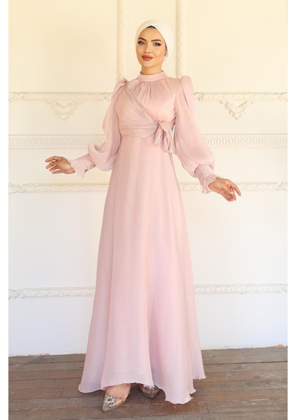 Yandan Bağlamalı Manşet Detaylı Yoryo Ipek Tesettür Abiye Pudra 1241 indirimleri