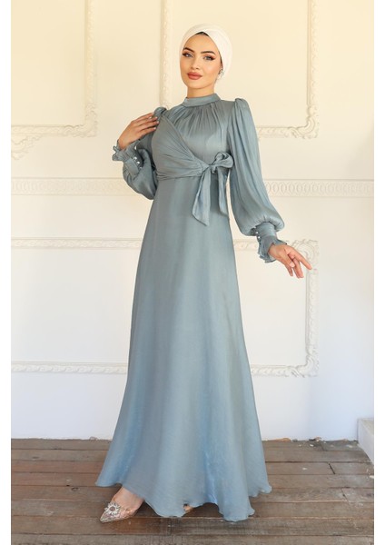 Yandan Bağlamalı Manşet Detaylı Yoryo Ipek Tesettür Abiye Su Yeşili 1241