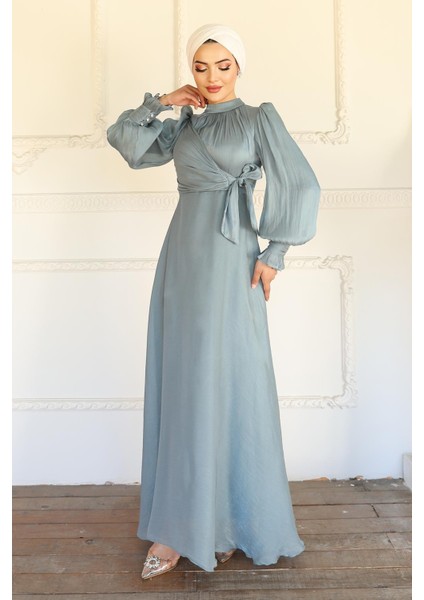 Yandan Bağlamalı Manşet Detaylı Yoryo Ipek Tesettür Abiye Su Yeşili 1241 fiyatları