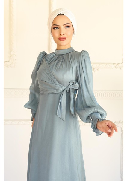 Yandan Bağlamalı Manşet Detaylı Yoryo Ipek Tesettür Abiye Su Yeşili 1241 modelleri