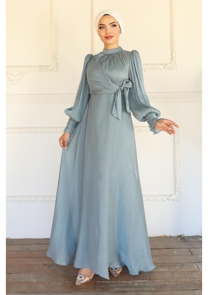 Yandan Bağlamalı Manşet Detaylı Yoryo Ipek Tesettür Abiye Su Yeşili 1241 fırsatları