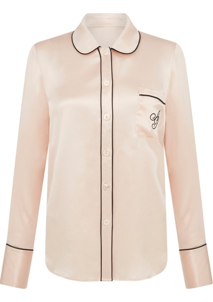 Ipek Pijama Üstü - Pembe, Erkek Pijamasından Esinlenmiş Rahat Kesim, Kontrast Şeritli, Geniş Kemerli