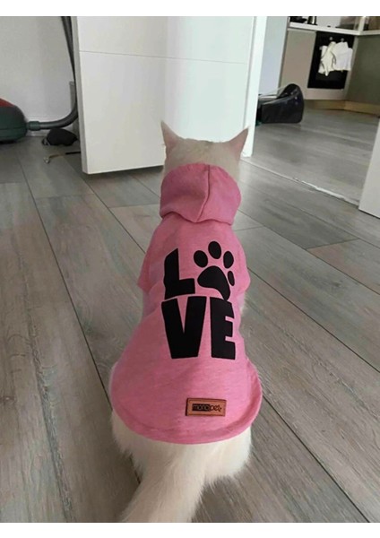 Kapüşonlu Sweatshirt Köpek ve Kedi Kıyafeti Pembe Love