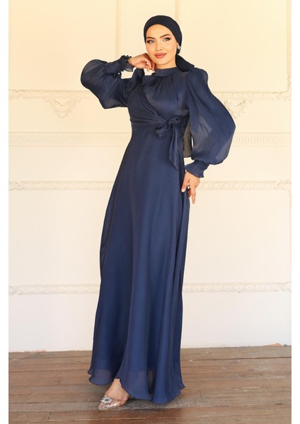 Yandan Bağlamalı Manşet Detaylı Yoryo Ipek Tesettür Abiye K. Indigo 1241