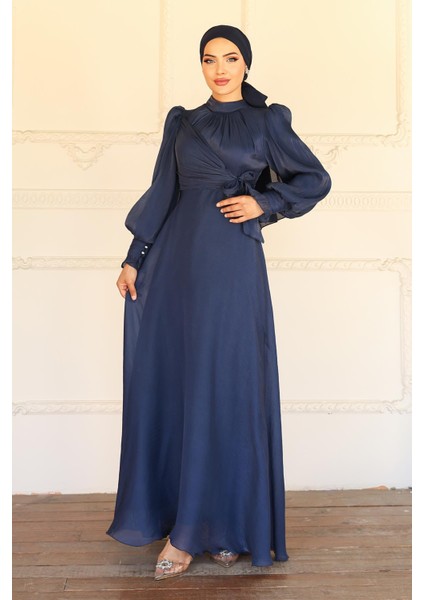Yandan Bağlamalı Manşet Detaylı Yoryo Ipek Tesettür Abiye K. Indigo 1241 fiyatları